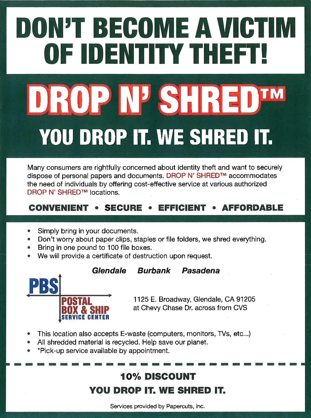 Drop & Shred Glendale, CA Postal Box & Ship Service Center